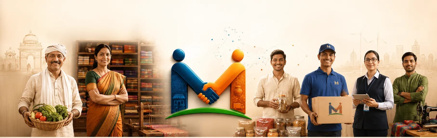 Bharat's entrepreneurs — a farmer, weaver, kirana owner, delivery partner, professional and tailor — joined by the MSMEMate handshake